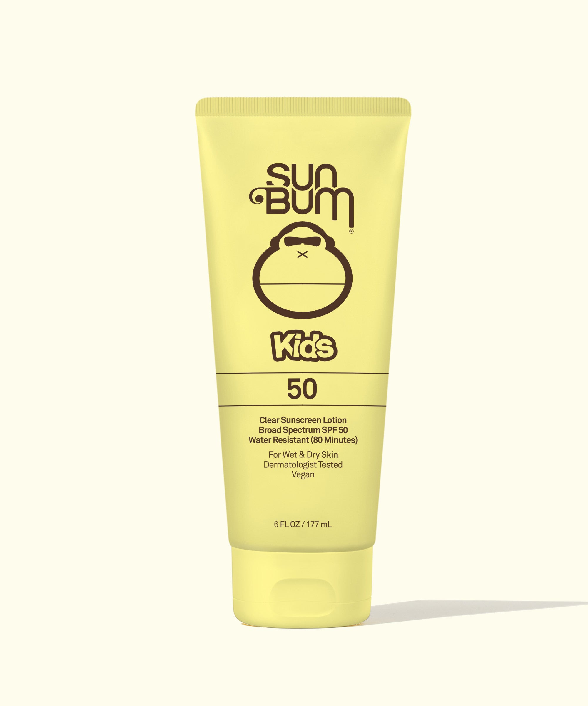 Kids Clear Sunscreen Lotion SPF 50 - Front view of a yellow tube of Kids SPF 50 Clear Sunscreen Lotion with detailed product information and ingredients listed, Sun Bum.