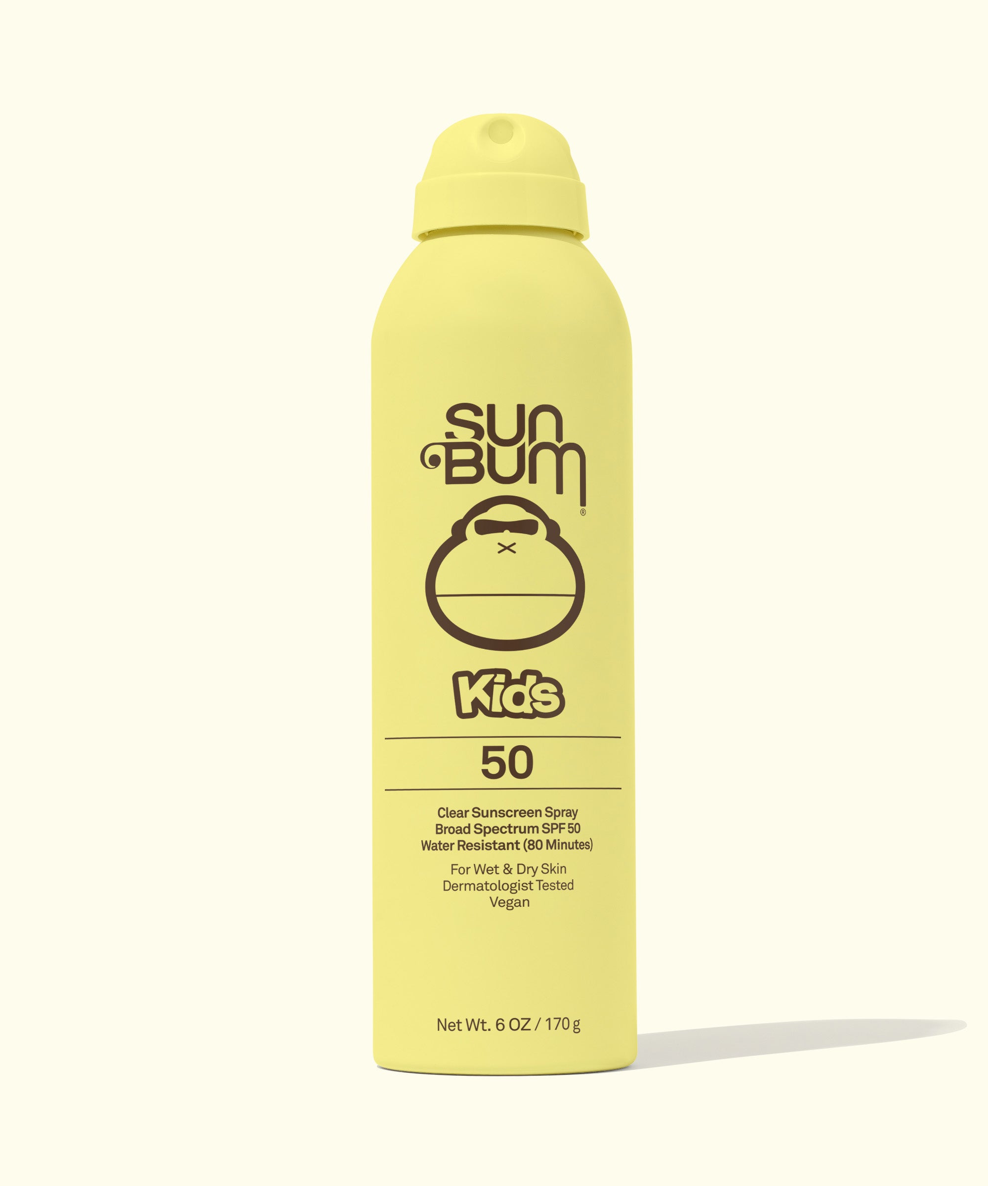 Kids Clear Sunscreen Spray SPF 50 - Front view of "Kids SPF 50 Clear Sunscreen Spray" bottle showcasing ingredient list and product details. Sun Bum