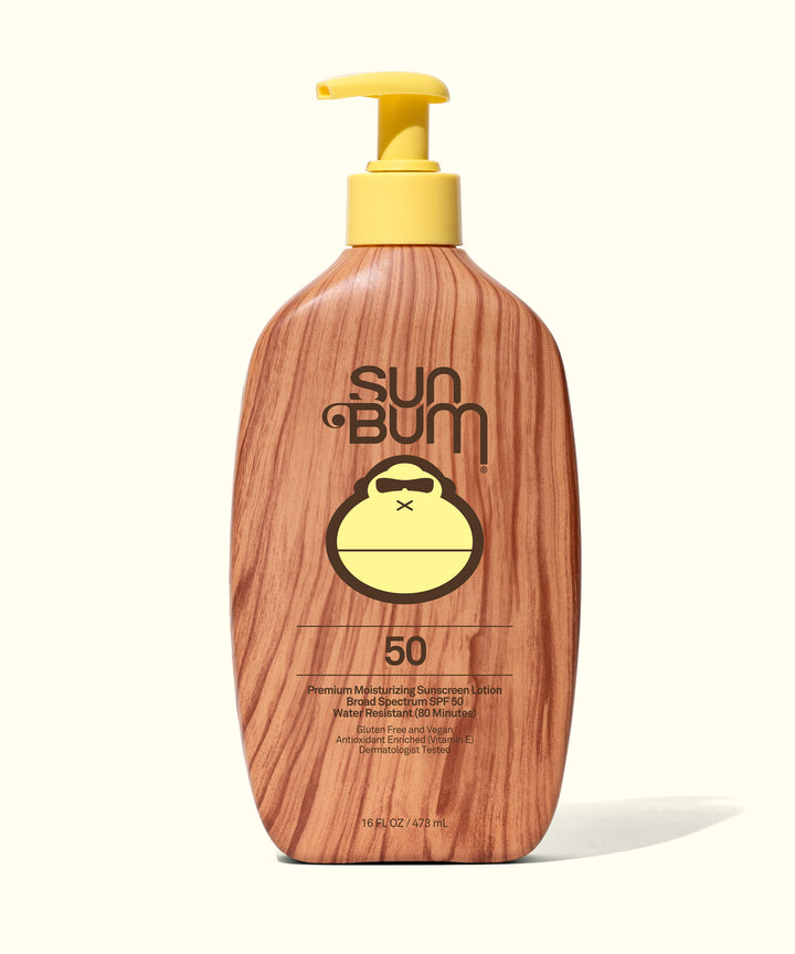 Original SPF 50 Sunscreen Lotion with a pump bottle design and wood-grain texture by Sun Bum.