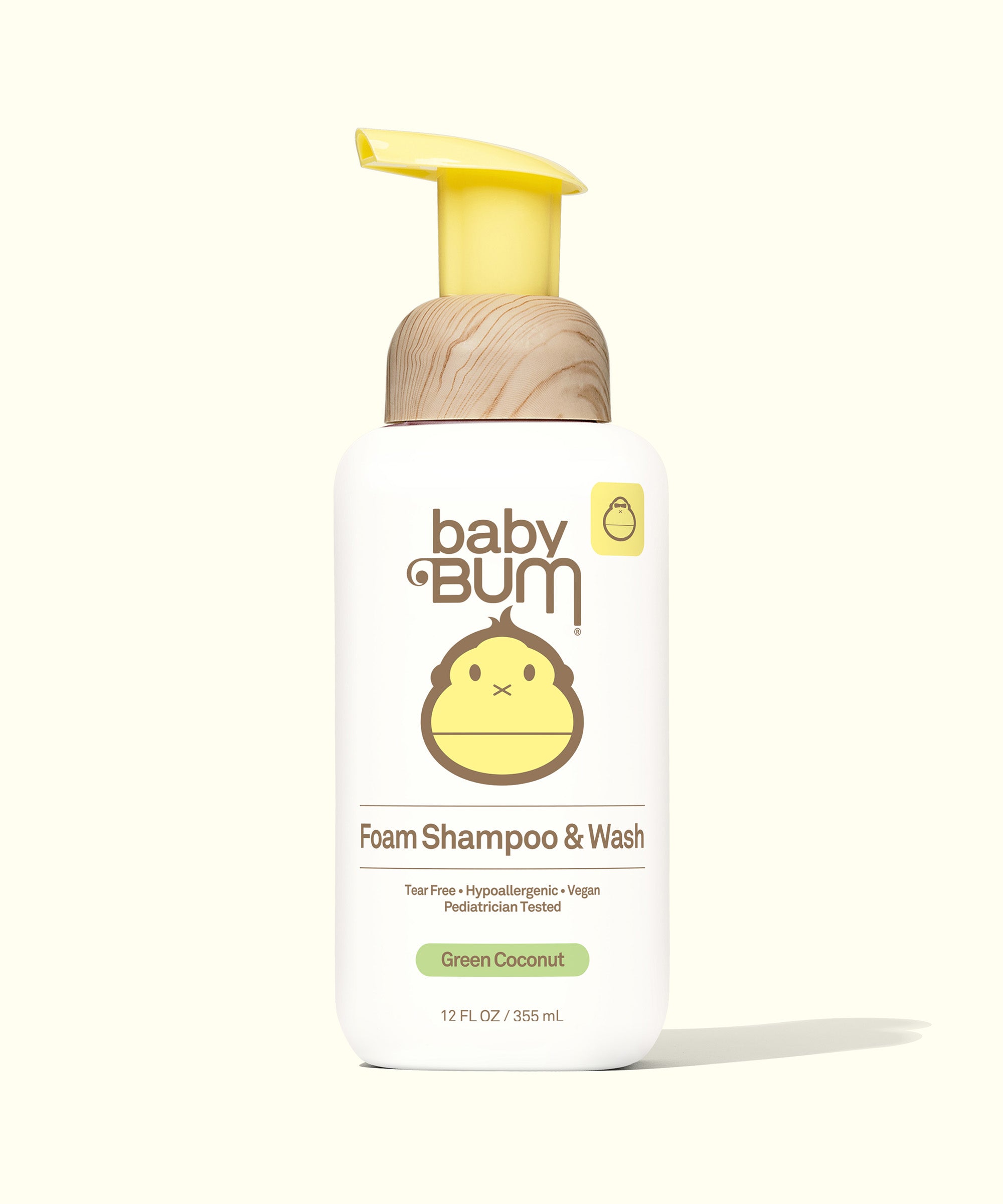Front view of Baby Bum Foaming Shampoo & Wash bottle with a yellow pump, showcasing product details. Baby Bum.