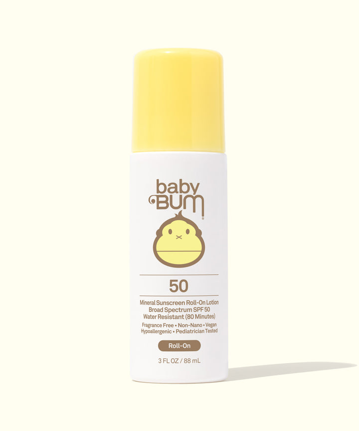 Baby Bum Mineral SPF 50 Roll-On Sunscreen with yellow cap, lightweight and easy to apply for kids, mineral-based, hypoallergenic, water-resistant, Baby Bum,