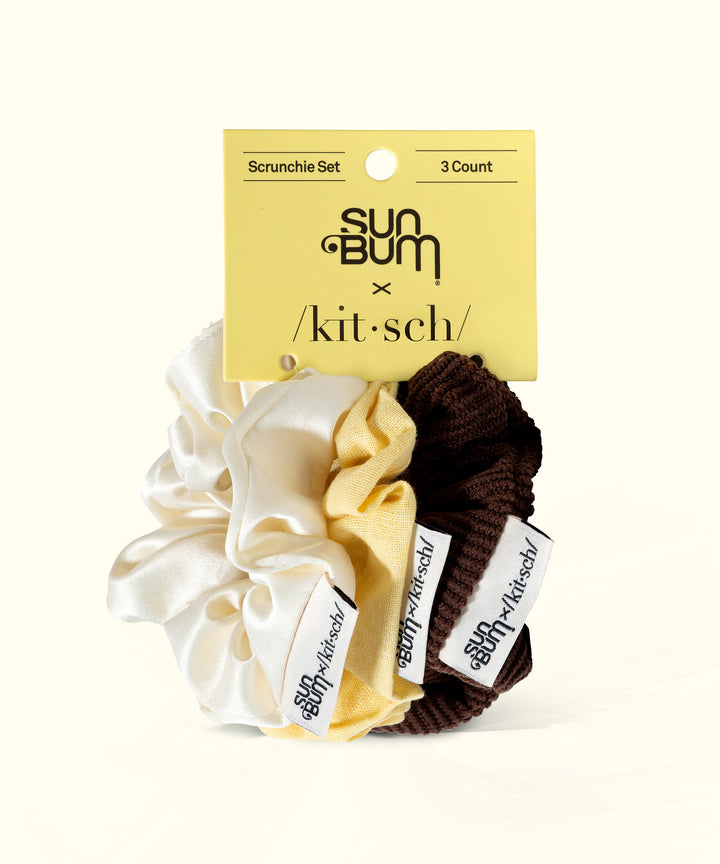 Limited Edition 3-piece Scrunchie Set featuring white, yellow, and brown fabric scrunchies with
