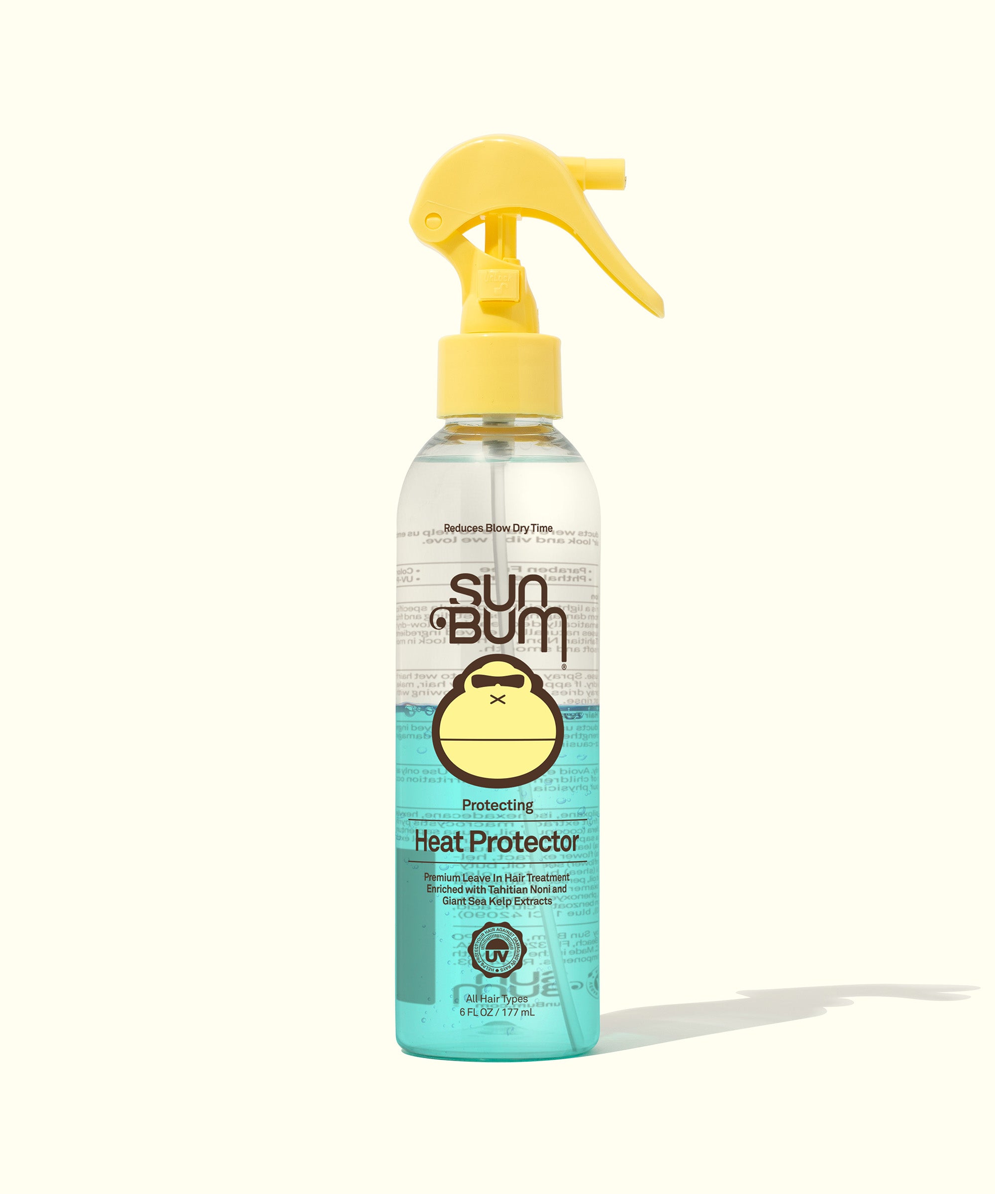 Bottle of Sun Bum Heat Protector spray, designed to reduce blow-dry time and shield hair from frizz and breakage caused by humidity and thermal heat. Sun Bum
