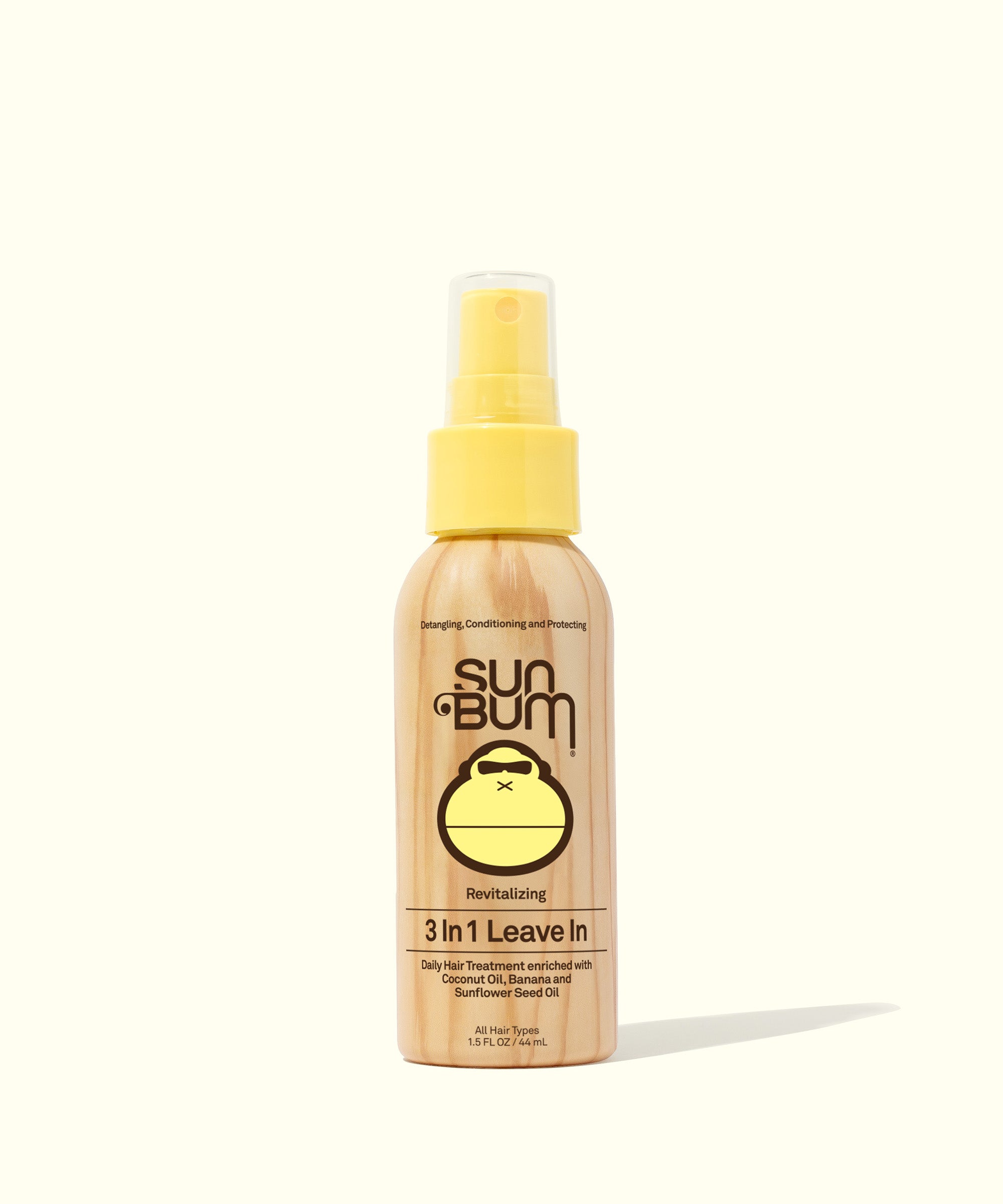Bottle of Sun Bum 3 In 1 Leave In hair care spray, designed to detangle, condition, and protect hair. Sun Bum.