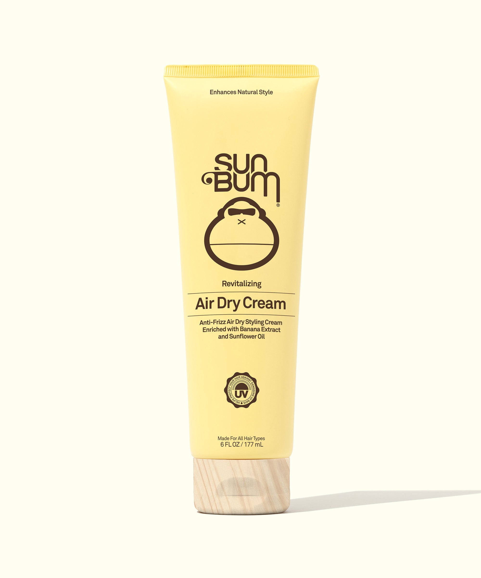 Tube of Sun Bum Revitalizing Air Dry Cream with Banana and Sunflower Oil, perfect for smoothing flyaways and enhancing natural hair texture and body, Sun Bum.