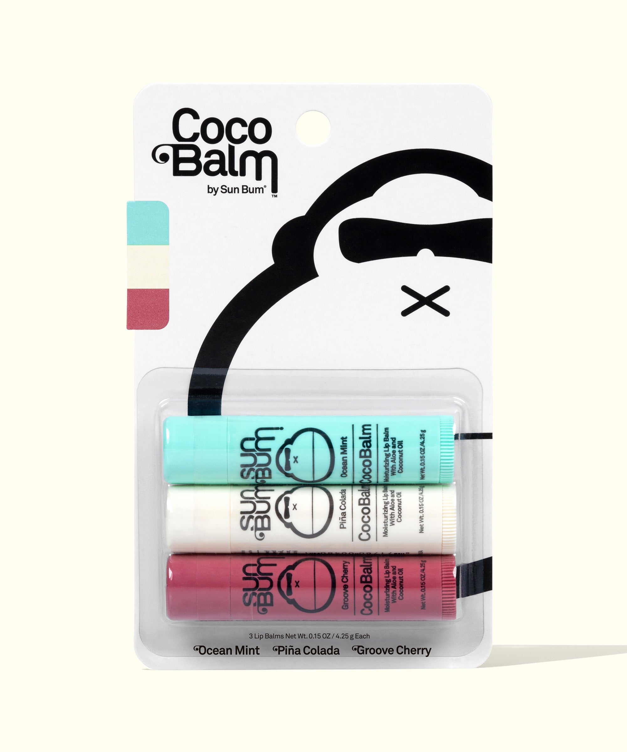 CocoBalm Lip Balm 3-Pack featuring Ocean Mint, Piña Colada, and Groove Cherry flavors by Sun Bum.