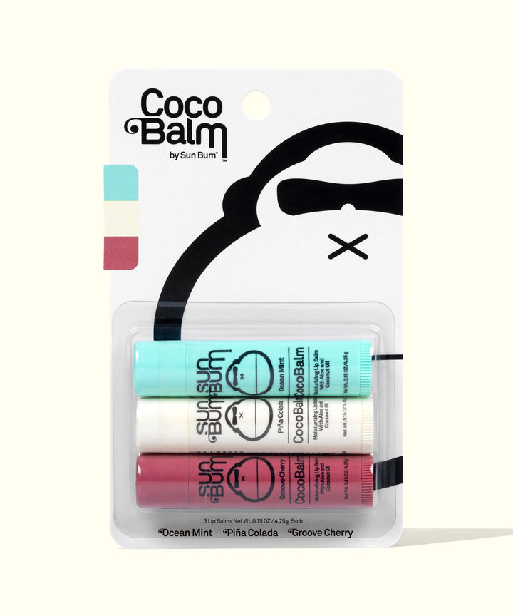 CocoBalm Lip Balm 3-Pack featuring Ocean Mint, Piña Colada, and Groove Cherry flavors by Sun Bum.