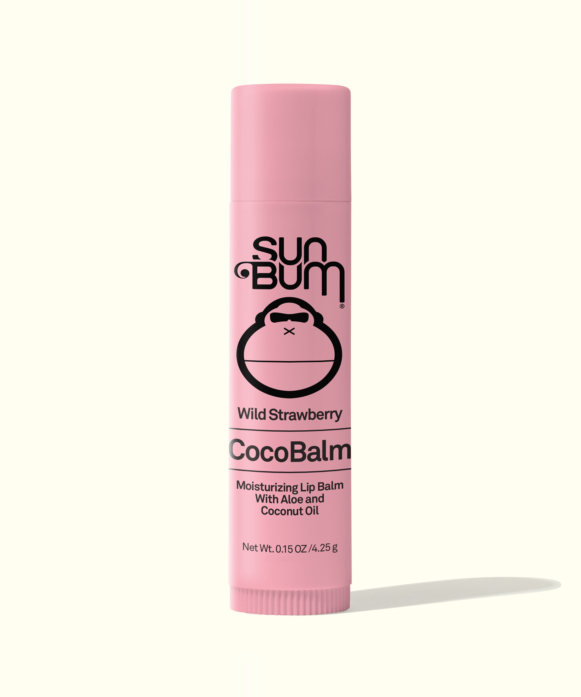 Pink tube of CocoBalm Lip Balm in Wild Strawberry flavor by Sun Bum.