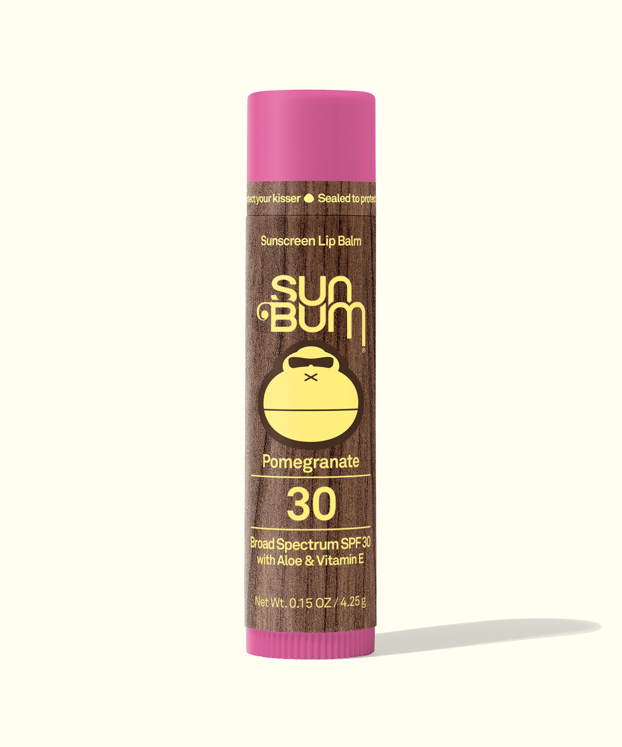 Original SPF 30 Sunscreen Lip Balm in Pomegranate flavor, enriched with Aloe and Vitamin E for all-day protection and moisture. Sun Bum.
