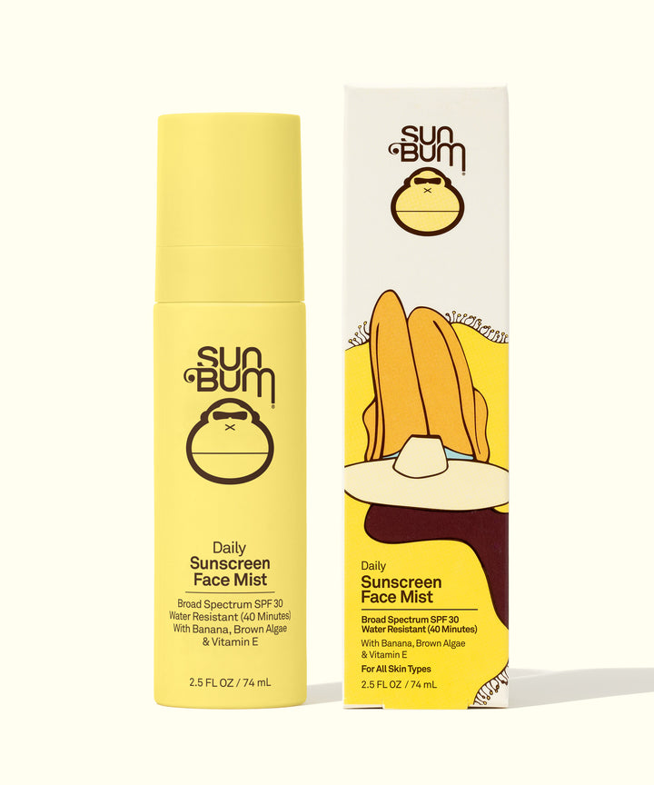 Sun Bum Daily Sunscreen Face Mist SPF 30 product bottle and box on a light background, packed with antioxidant-rich Banana, Brown Algae, and Vitamin E, ideal for protecting against harmful UV rays and refreshing skin throughout the day, also works great as a setting spray, Sun Bum.