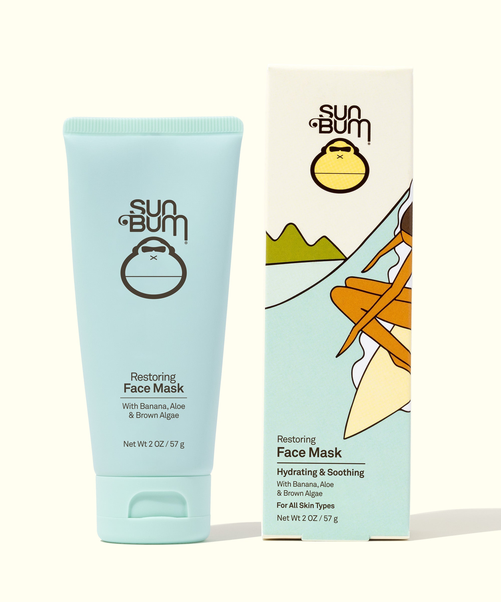 Restoring Face Mask packaging featuring a soothing blend of Banana, Aloe, and Brown Algae for hydration and calming redness and irritation. Sun Bum,
