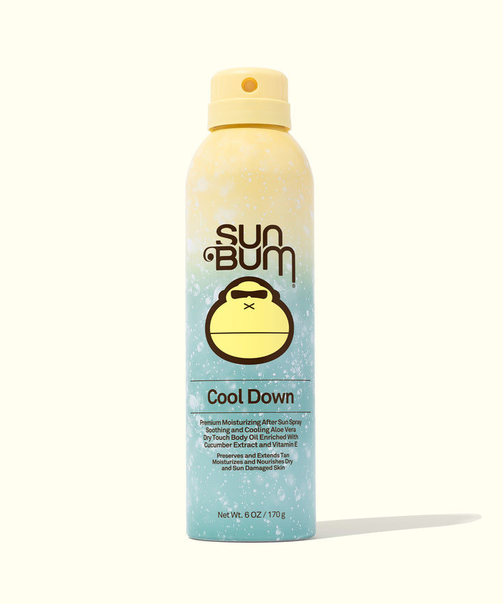 Yellow and blue can of After Sun Cool Down Spray with soothing Aloe and Vitamin E by Sun Bum.