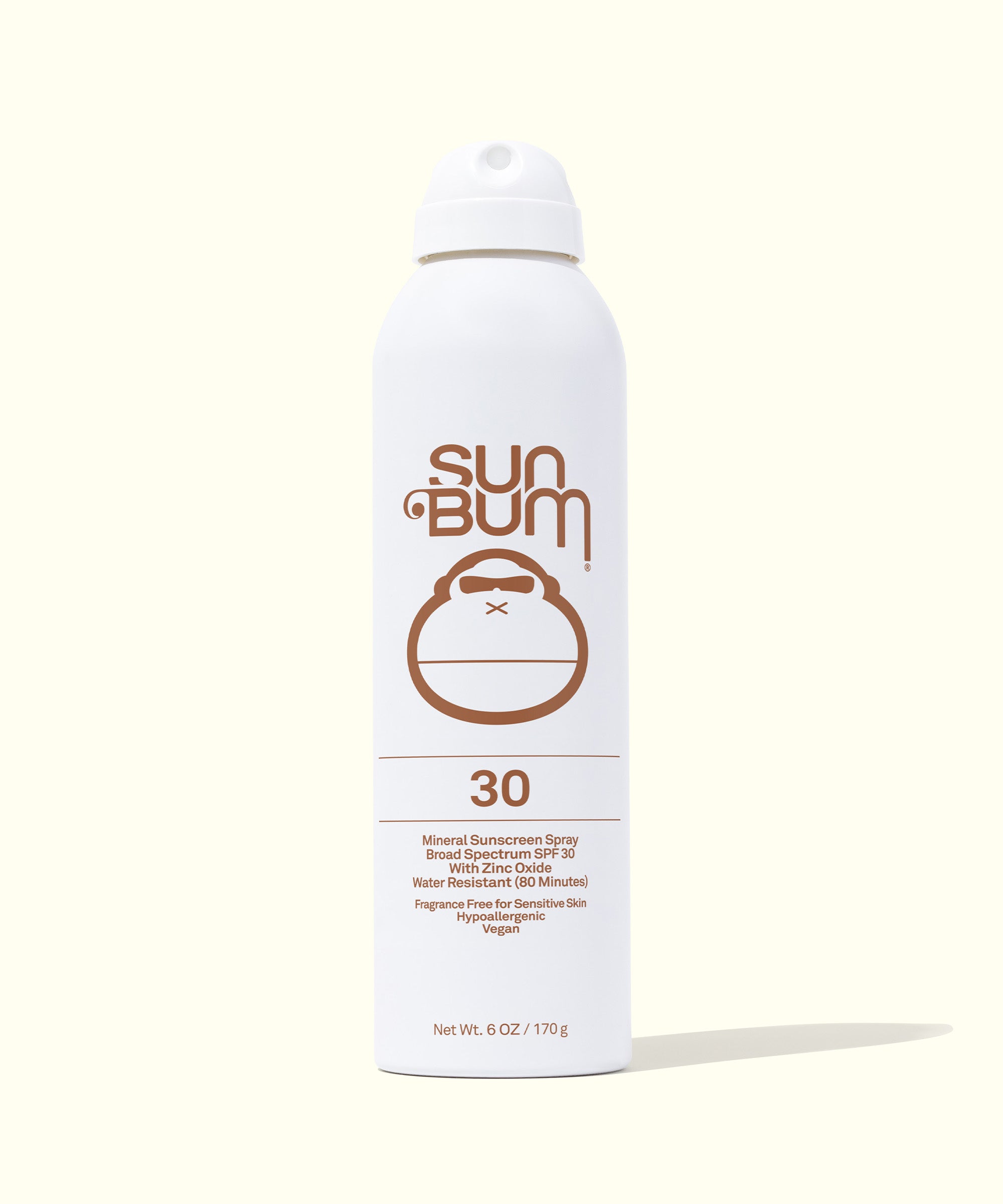 Mineral SPF 30 Sunscreen Spray by Sun Bum, fragrance-free zinc-based formula with non-aerosol compression, broad spectrum protection.