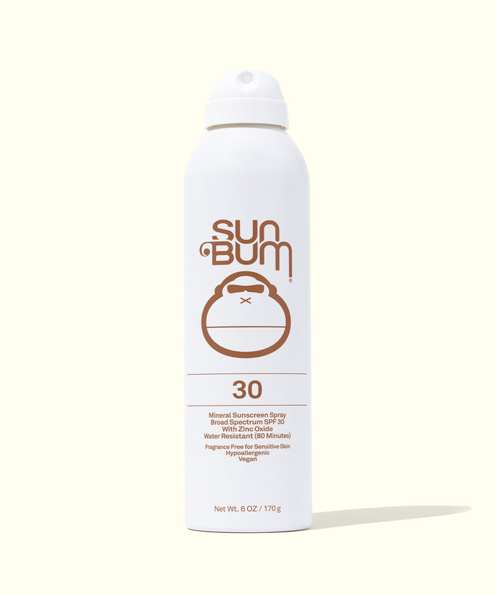 Mineral SPF 30 Sunscreen Spray by Sun Bum, fragrance-free zinc-based formula with non-aerosol compression, broad spectrum protection.