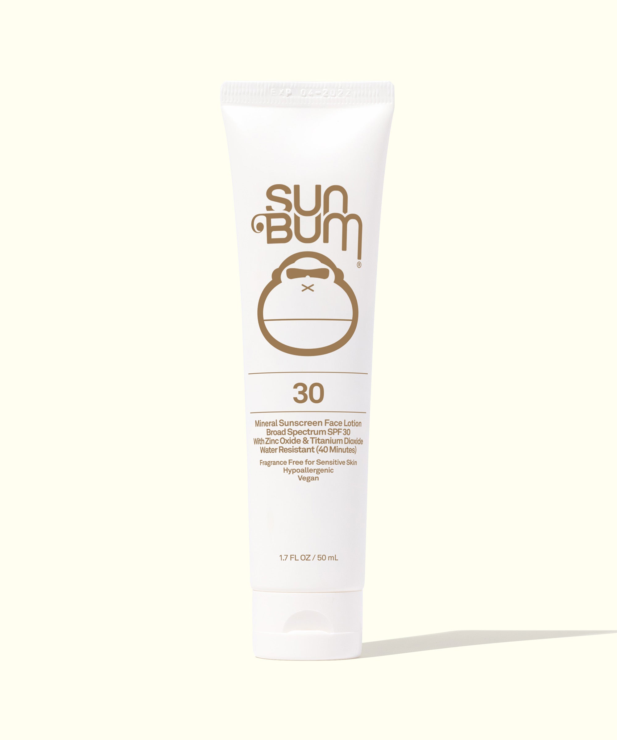 White tube of Mineral SPF 30 Sunscreen Face Lotion by Sun Bum, with Fragrance Free, non-tinted, mineral-based formula, leaving a matte finish.