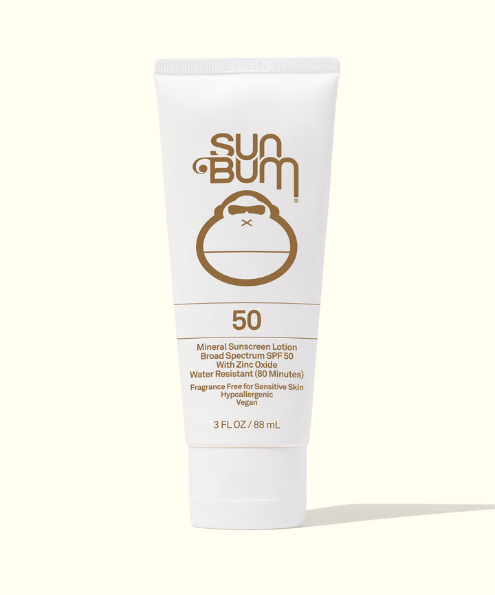 Mineral SPF 50 Sunscreen Lotion with zinc oxide, fragrance-free, broad spectrum protection, water-resistant, ideal for sensitive skin, Sun Bum