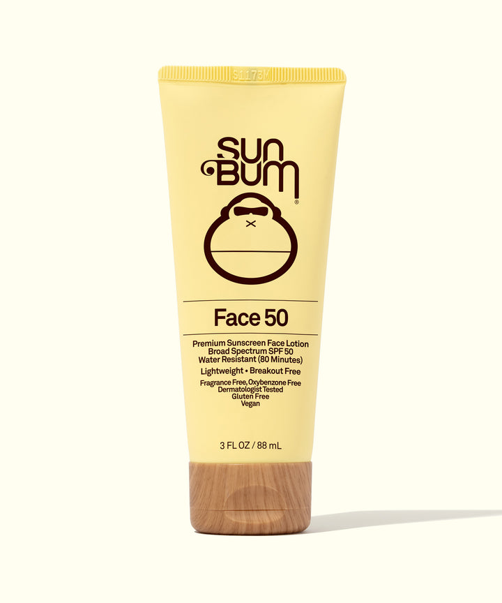 Original SPF 50 Sunscreen Face Lotion in yellow tube with brown cap, lightweight, quick-absorbing for easy, invisible protection and matte finish by Sun Bum.