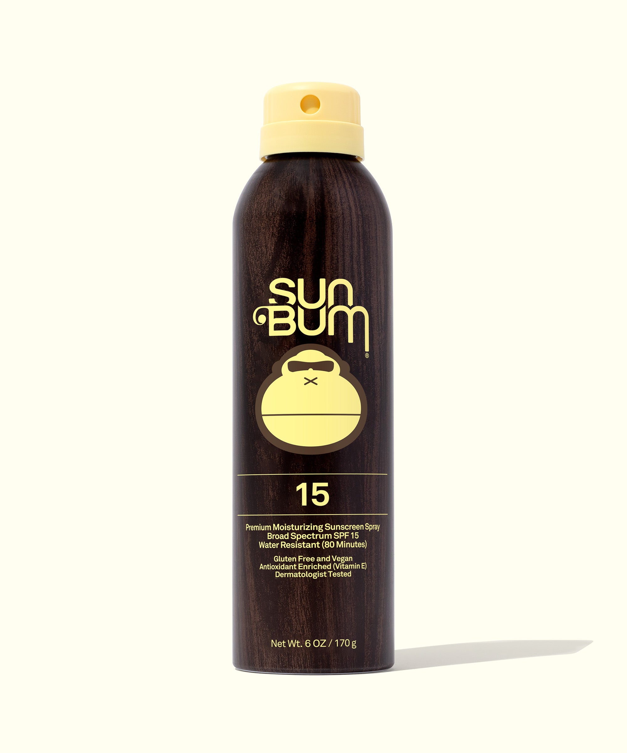 Original SPF 15 Sunscreen Spray with ultra-sheer dry touch formula and Vitamin E, offering Broad Spectrum protection without chemical propellants, stored in a B.O.V container for compression, Sun Bum.