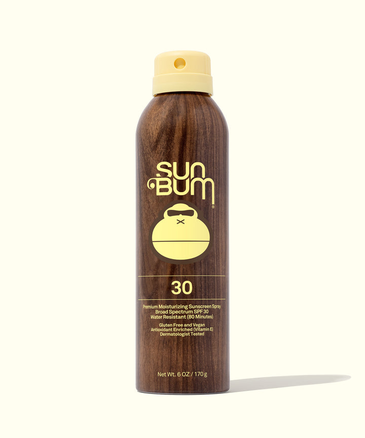 Original SPF 30 Sunscreen Spray in brown can with yellow cap and Sun Bum logo, providing ultra-sheer, dry touch, broad-spectrum protection with Vitamin E, and compression dispensing. Sun Bum