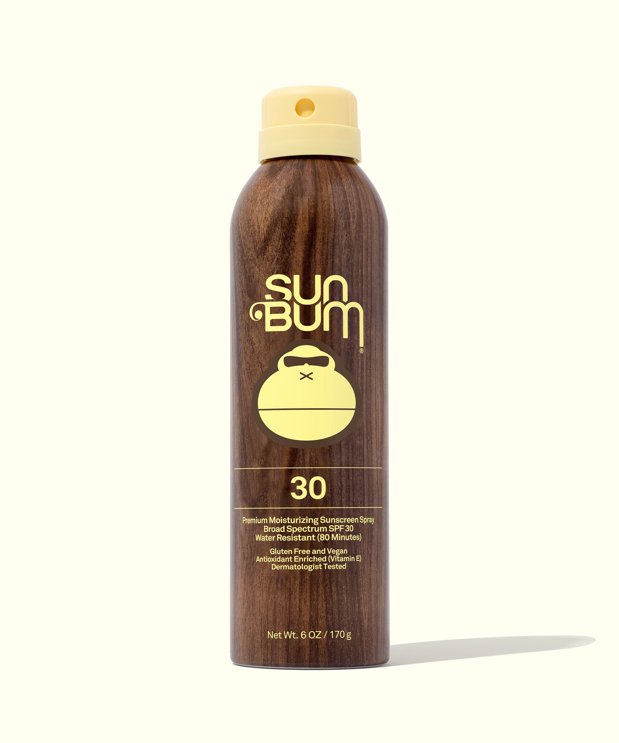 Original SPF 30 Sunscreen Spray in brown can with yellow cap and Sun Bum logo, providing ultra-sheer, dry touch, broad-spectrum protection with Vitamin E, and compression dispensing. Sun Bum