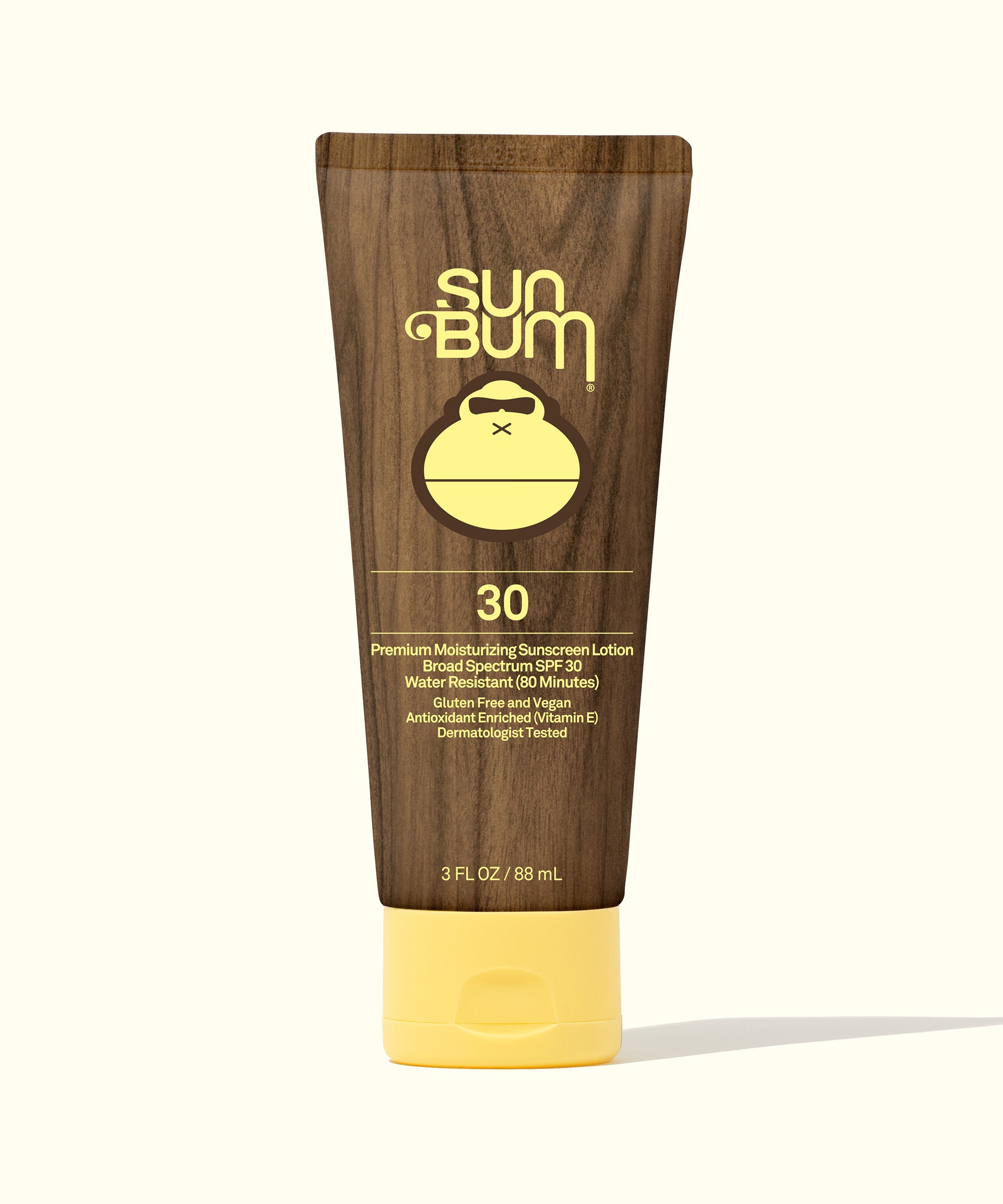 Original SPF 30 Sunscreen Lotion by Sun Bum, featuring a wood-textured bottle with a cheerful yellow cap, perfect for premium sun protection and moisturizing.