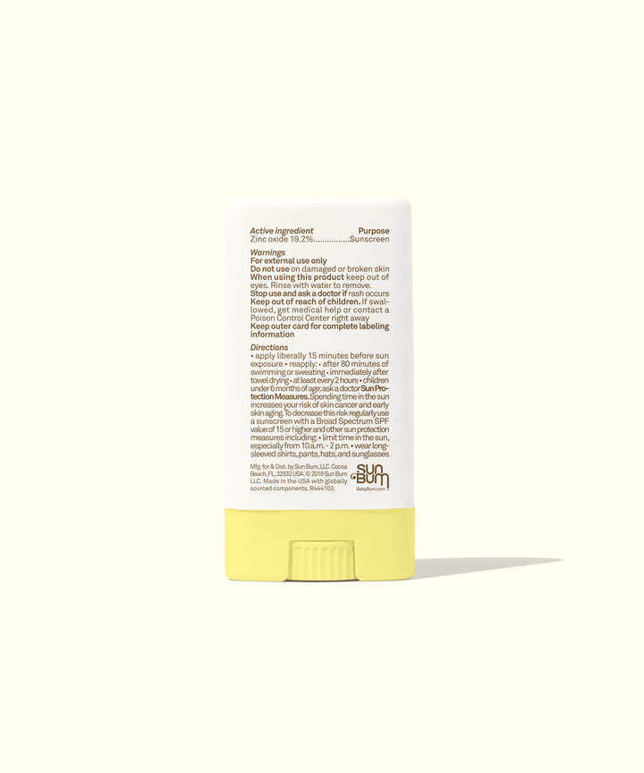 Back view of Baby Bum SPF 50 Sunscreen Face Stick showing product details and active ingredients, Baby Bum.