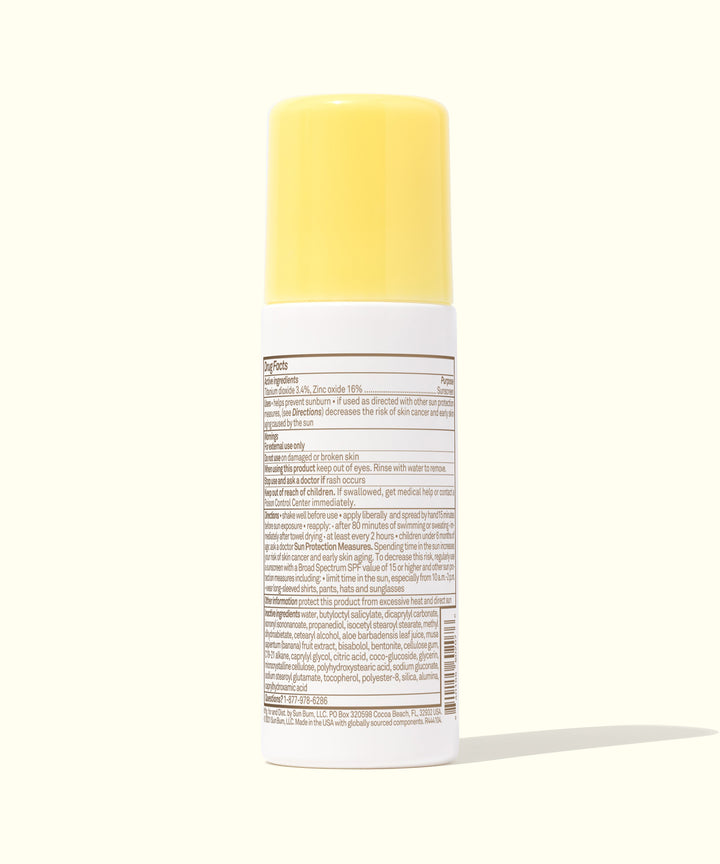 Back view of Baby Bum Mineral SPF 50 Roll-On Sunscreen with yellow cap, designed for easy application on kids, 100% mineral-based. Baby Bum.