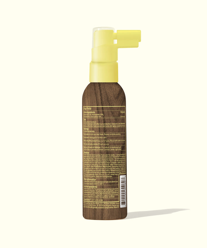 Scalp & Hair Mist SPF 30 with yellow spray cap and detailed product information on the back, Sun Bum.