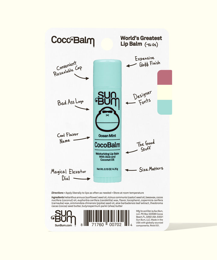 Image of Sun Bum CocoBalm Lip Balm 3-Pack featuring flavors with a convenient resealable cap, a cool logo, and fun, informative packaging highlighting key benefits like a magical elevator dial. Sun Bum.