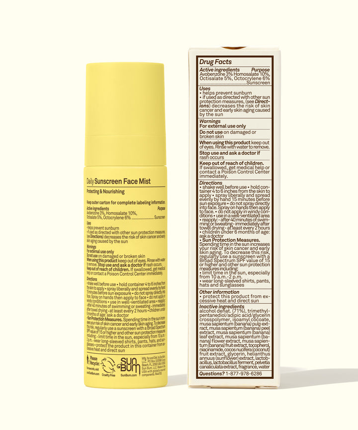 Daily Sunscreen Face Mist SPF 30 by Sun Bum - Front view of yellow spray bottle and packaging, highlighting ingredients like Banana, Brown Algae, and Vitamin E for UV protection and fresh skin.