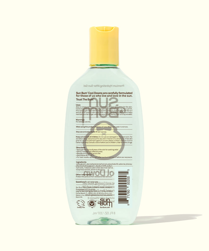 Back view of After Sun Cool Down Gel bottle with yellow cap, featuring soothing Aloe gel for sunburn relief, Sun Bum