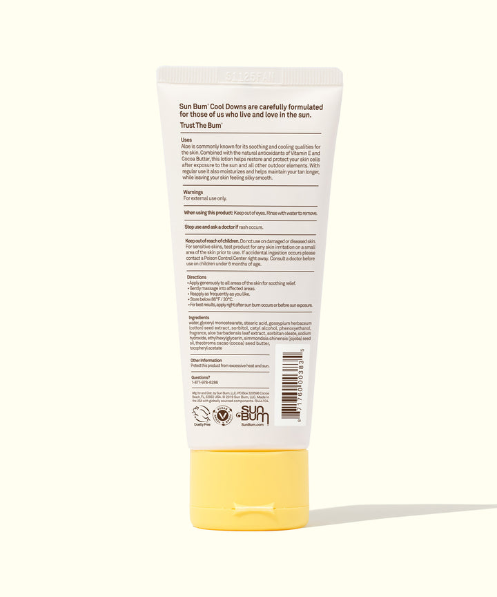 Back view of the After Sun Cool Down Lotion by Sun Bum, detailed with product description and usage instructions. Sun Bum.