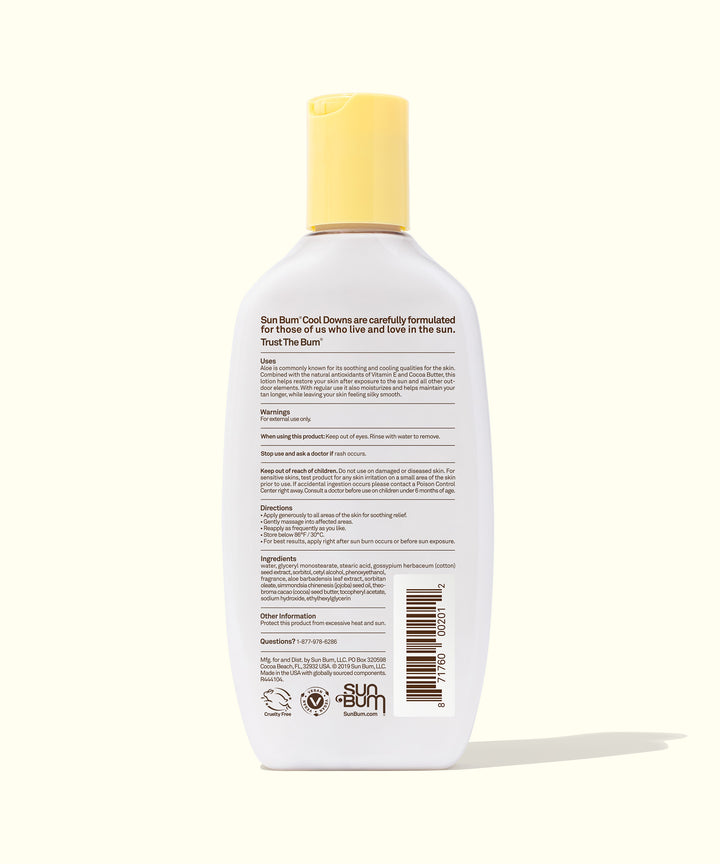 Back view of a bottle of After Sun Cool Down Lotion with a yellow cap, featuring text on soothing Aloe formula for sunburn relief. Sun Bum.