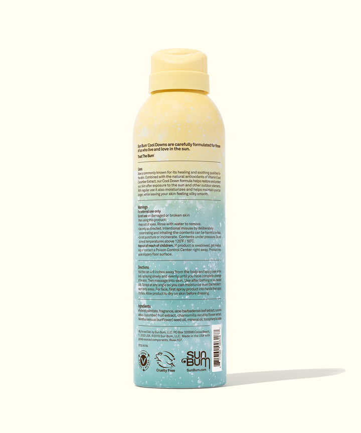 Yellow and blue gradient bottle of After Sun Cool Down Spray by Sun Bum, with text detailing the benefits of Aloe and Vitamin E for hydrating and revitalizing sun-exposed skin.