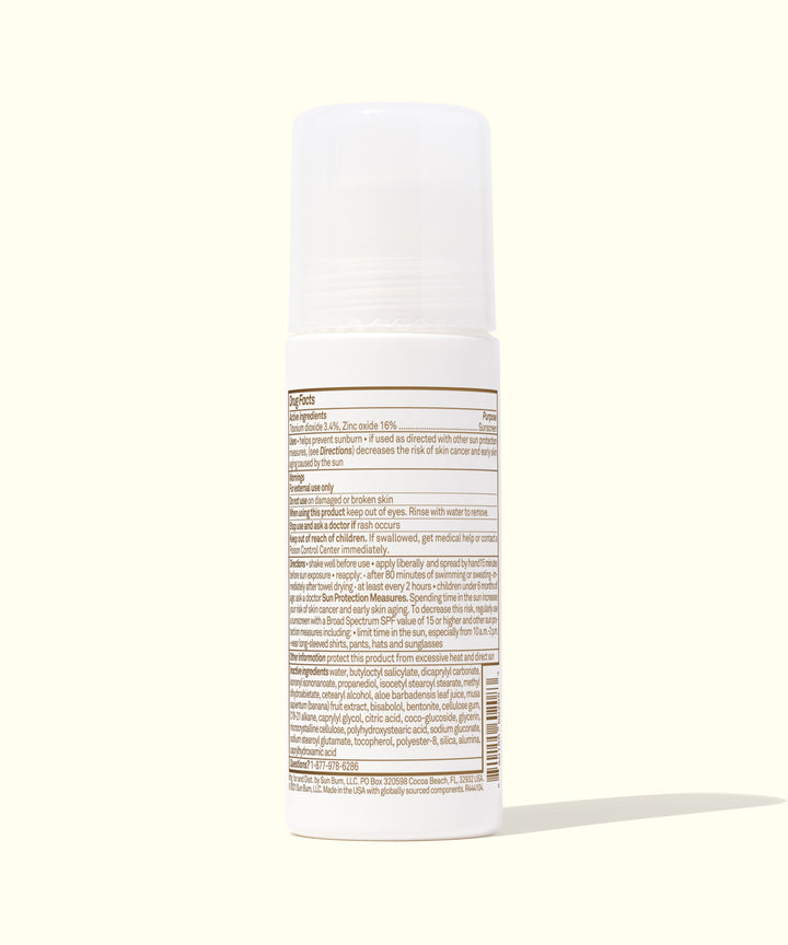 Mineral SPF 50 Sunscreen Roll-On Lotion with ingredient list on the back, 100% mineral and fragrance-free, easy sun protection, Sun Bum.