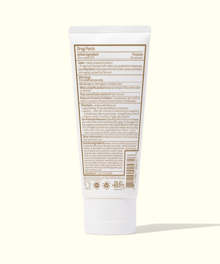 Back view of Mineral SPF 50 Sunscreen Lotion showing detailed product and usage information, by Sun Bum.