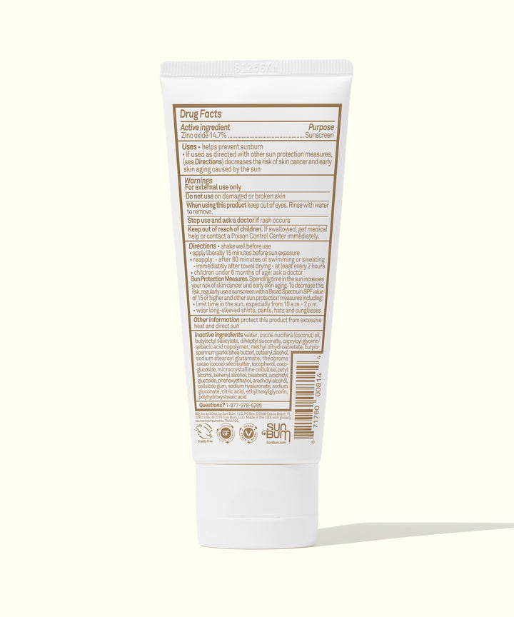 Back view of Mineral SPF 30 Sunscreen Lotion packaging, displaying the ingredient list, application instructions, and safety details. Fragrance-Free, zinc-based with Broad Spectrum protection, Sun Bum.