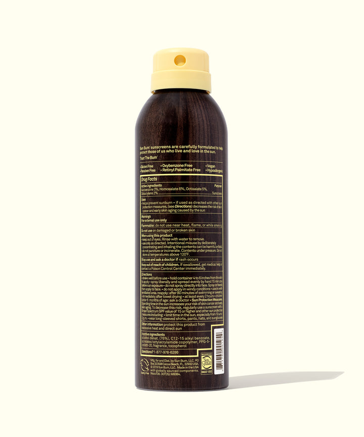 Original SPF 15 Sunscreen Spray by Sun Bum, showcasing its eco-friendly, chemical propellant-free packaging with a sleek dark brown bottle and a yellow cap.