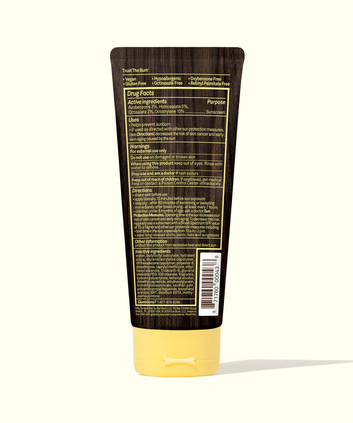 Back view of a tube of Original SPF 15 Sunscreen Lotion showing detailed ingredients and usage instructions by Sun Bum.