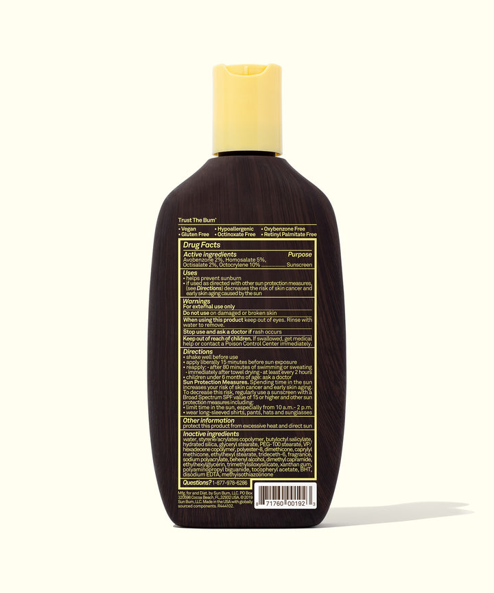 Back view of a bottle of Original SPF 15 Sunscreen Lotion with ingredient details, Sun Bum.