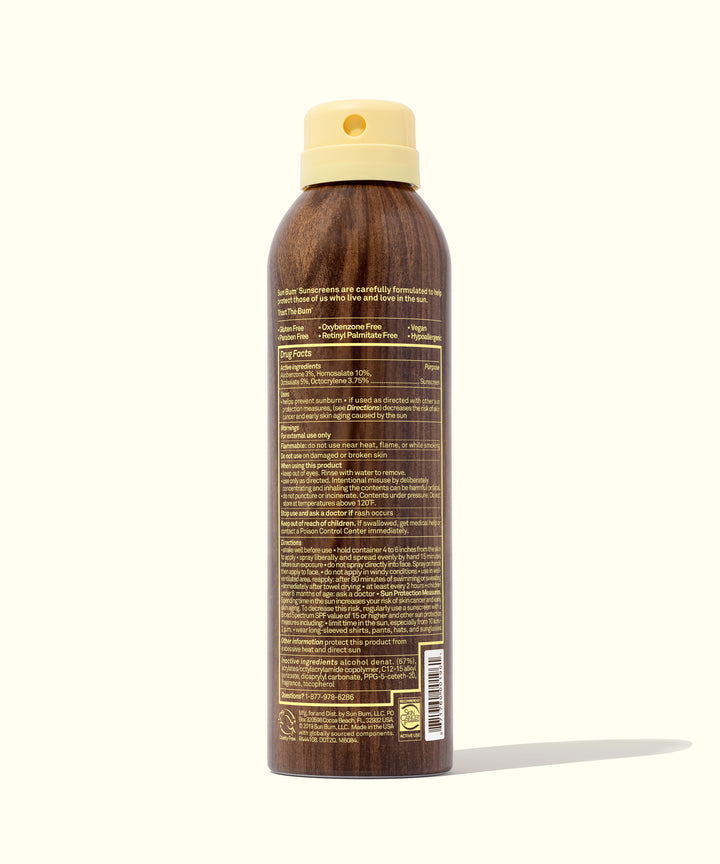 Back view of the Original SPF 30 Sunscreen Spray bottle, showcasing its sleek design and informative labels. The compression technology ensures environmentally friendly use. Sun Bum.