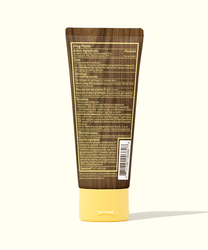 Back view of the Original SPF 30 Sunscreen Lotion tube, showcasing ingredients and directions on a light background. Sun Bum.