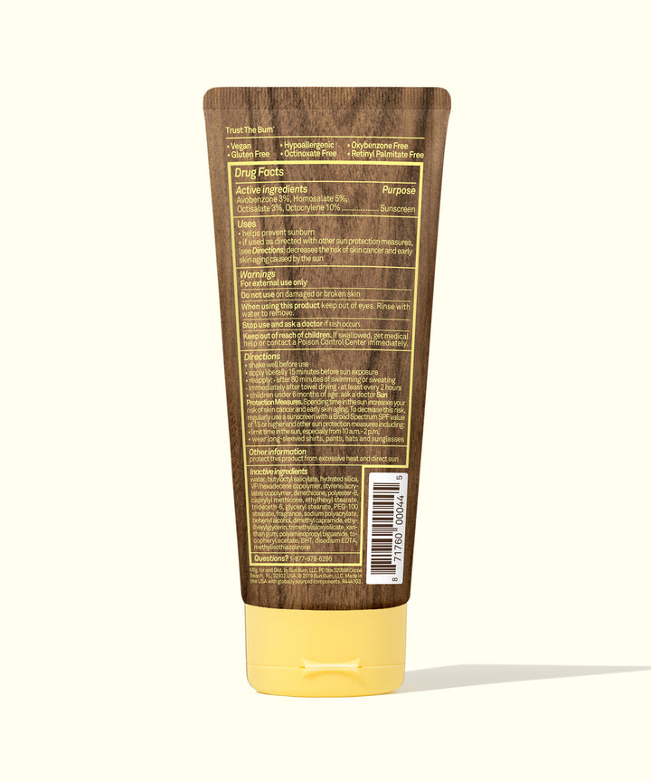 Back view of Original SPF 30 Sunscreen Lotion showing detailed ingredient list and drug facts, by Sun Bum.