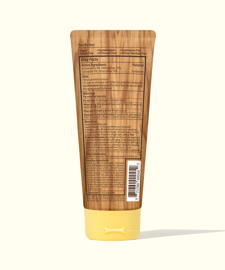 Back view of a tube of Original SPF 50 Sunscreen Lotion featuring wooden design packaging with product details, Sun Bum