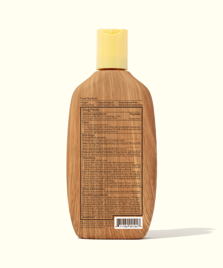 Back view of Original SPF 50 Sunscreen Lotion bottle with wooden texture packaging and yellow cap. Sun Bum,