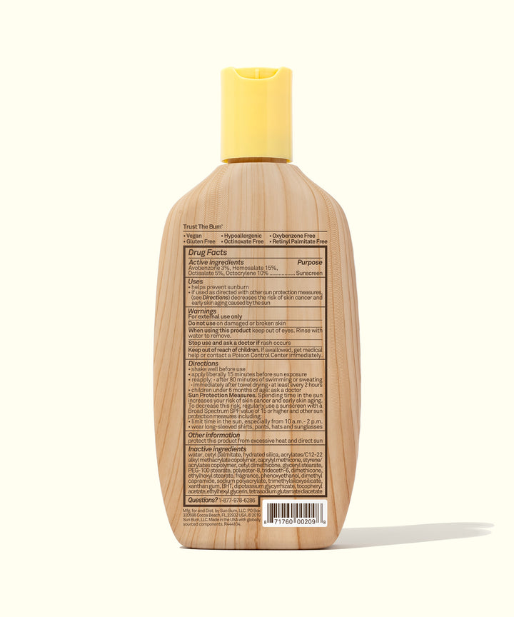 Back view of a bottle of Original SPF 70 Sunscreen Lotion with detailed ingredient information. Sun Bum