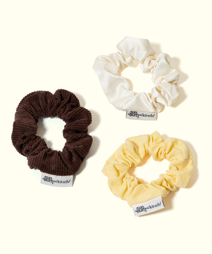 Limited Edition 3-piece Scrunchie Set in brown, white, and yellow by SB x Kitsch, exclusive with Sun Bum.
