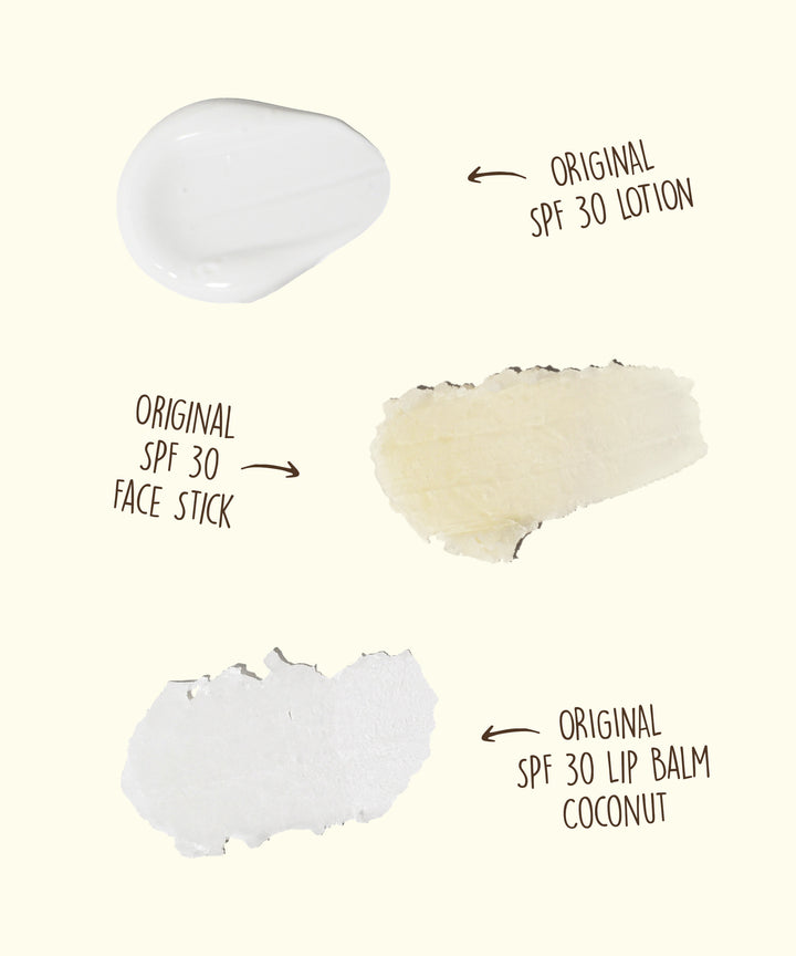 Road Tripper bundle featuring SPF 30 lotion, face stick, and coconut lip balm swatches on cream background - Sun Bum