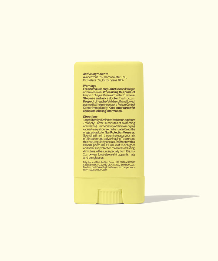 Back view of Sun Bum Kids SPF 50 Clear Sunscreen Face Stick showing active ingredients and directions for use, Sun Bum