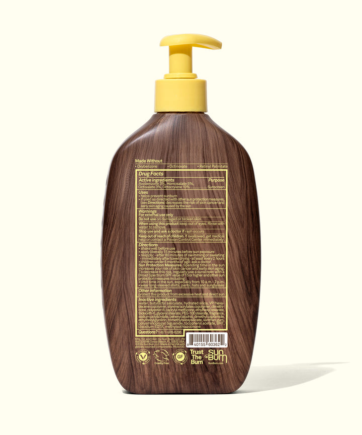 Back view of the Original SPF 30 Sunscreen Lotion bottle by Sun Bum, showing ingredient list and product information, Sun Bum